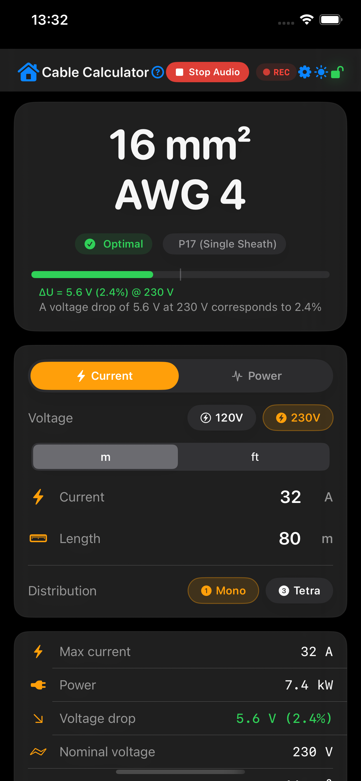 Cable Calculator screen