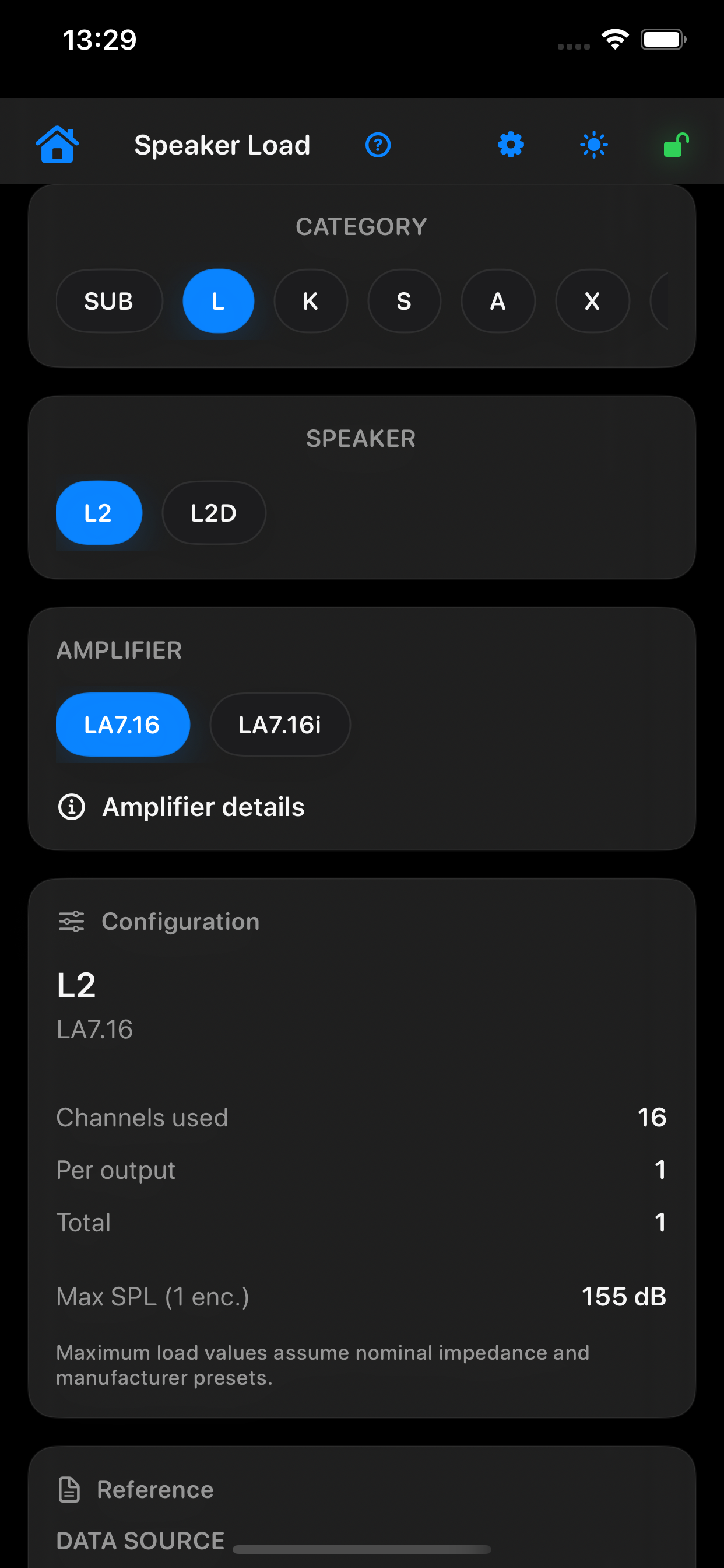 Speaker Load calculator screen