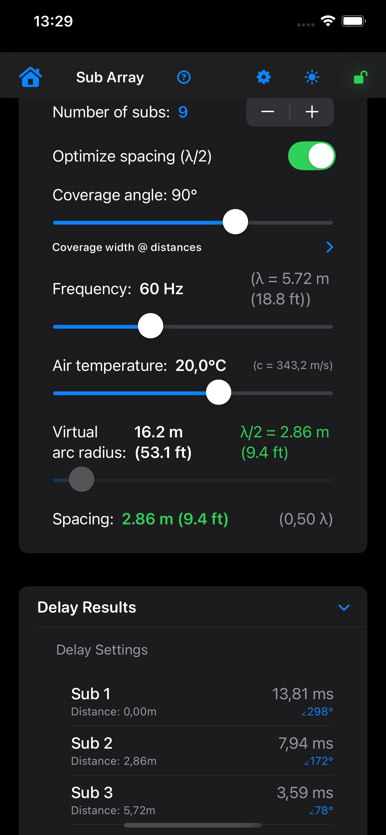 Sub Array designer screen
